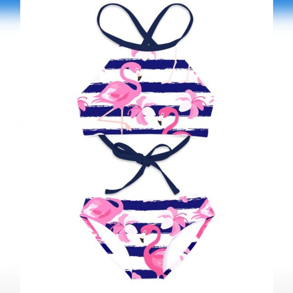 Sunshine Swing Girl's Bikini Blue & Pink Stripe Flamingo NWT